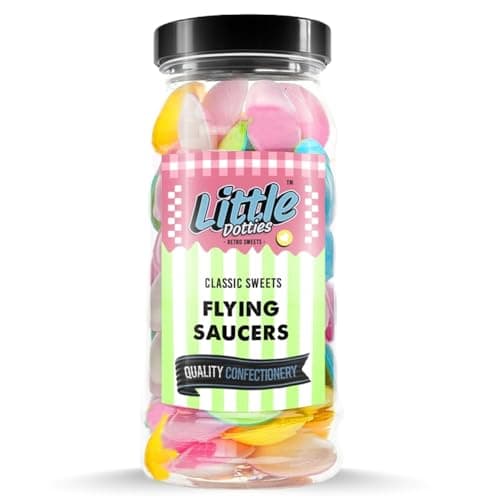 Image of Original Flying Saucers Retro Sweet Gift Jar – by Little Dotties | Traditional Candy Treats | Pick and Mix Sweets | 65 grams | Perfect for: Gifts | Birthdays | Party Bag Fillers