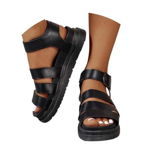 Image of Momolaa UK 5 Chunky Sandals Ladies Womens Flatform Gladiator Platform Chunky Sole Strappy Summer Sandals Buckle Ankle Strap Walking Sandal #002_Clearance Black Footwears