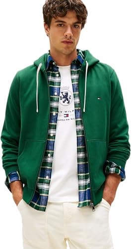 Image of Tommy Hilfiger Men’s Essential Fleece Zip Through Hoodie with Pockets, Green (Ornamental Green), M