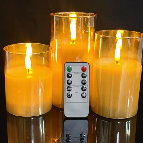 Image of 3D Wick Dancing LED Flickering Flameless Candles, Battery Operated Silver Gold Glass led Candles with Remote and Timer, 4 in, 5 in, 6 in, 3 Pack for Party,Wedding,Christams