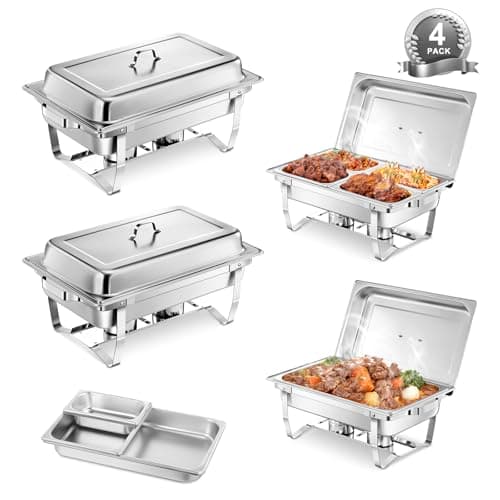 Image of Chafing Dish Buffet Set 4 Pack, 9L Stainless Steel Food Warmer Set, Chafing Dish w/2 Full&2 Half Size Pans（4 One quarter Size Pans）, 4 Fuel Holder Tray, Buffet Server Food Warmers for Party, Wedding