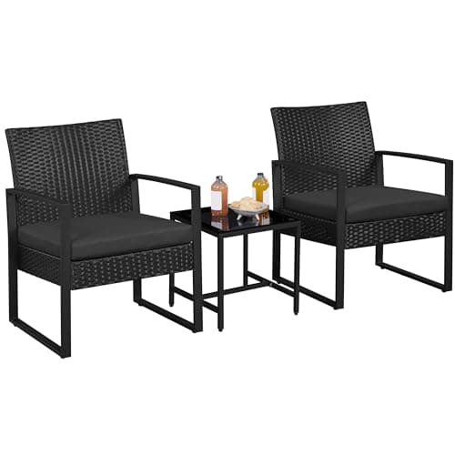 Image of Yaheetech 3-Piece Rattan Garden Furniture Set, 2 Seater Chairs & 1 Table for Balcony with Cushions for House/Porch/Garden/Backyard/Outdoor Use, Black