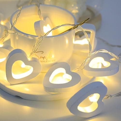 Image of Satiskid Warm White Wooden Heart String Lights, 3m 20 LED Battery Powered Fairy Lights for Valentine's Day Wedding Mother's Day Anniversary Decor, Indoor Decorative String Lights (White)