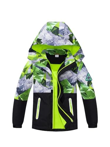 Image of NATUST Boys Waterproof Jacket Fleece Lined Raincoat Kids Windproof Rain Coat Unisex Windbreaker Green 12-13 Years