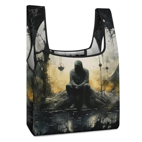 Image of LMNGH Cartoon Fish Pattern Tote Bag Reusable Grocery Bag Handbag Shopping Bag Foldable Shoulder Bag Crossbody for Travel, Man Under Moon Shadow, One Size