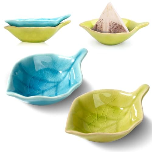 Image of 2 Pcs Ceramic Tea Bag Tidy Leaf Shaped Teabag Holder Dish Teabag Dish Porcelain For Tea Bags Dishwasher Safe For Homes or Offices Blue Green