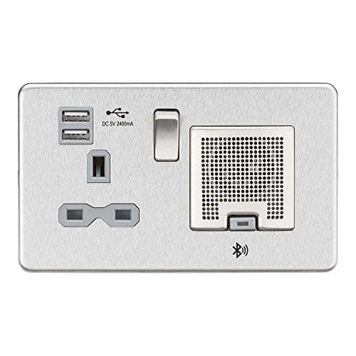 Image of Knightsbridge SFR9905BCG Screwless Socket with 2.4 A USB Chargers and Bluetooth Speaker, Brushed Chrome with Grey Insert, 13 A