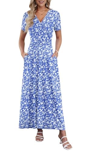 Image of AUSELILY Summer Maxi Dresses for Women UK Short Sleeve V Neck Ladies Dresses with Pockets Blue White Little Flowers S