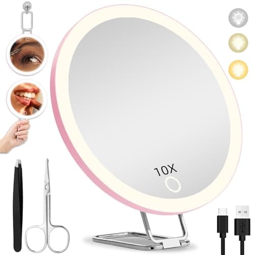 Image of Hmggoofa 10X Magnifying Mirror with Lights, 6inch Makeup Magnified Mirror 10X LED Lighted Travel Magnification with 3 Suction Cups and 360° Adjustable Stand - Includes Tweezers & Scissors Set