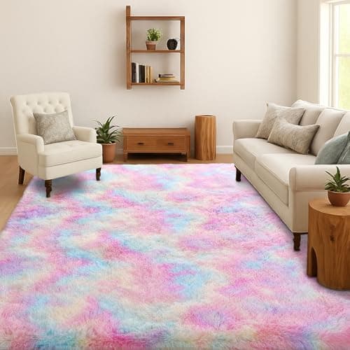 Image of SOANNY Rugs Living Room, Soft Fluffy Tie-Dye Area Rug, Non-Slip Machine Washable for Bedroom, Dorm, Bedside, Lounge, Office, Nursery, Playroom, 90x150 cm, Blush Rainbow