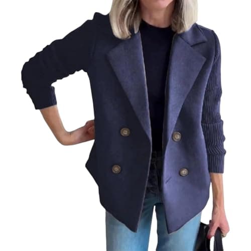 Image of Women's Patchwork Knitted Long Sleeve Casual Cropped Coat Double Breasted Winter Loose Jackets Navy Blue