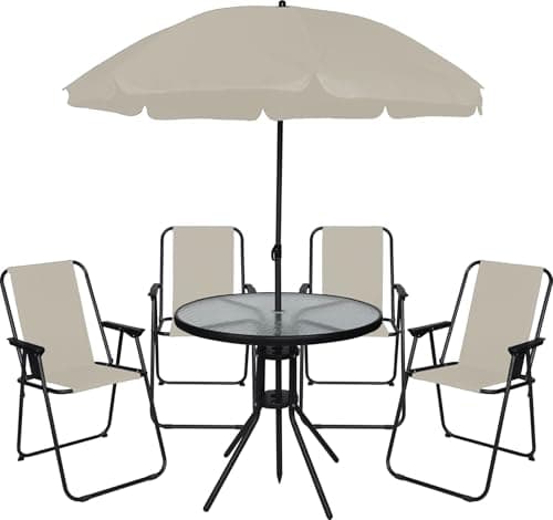 Image of OHS 6 Piece Garden Furniture, Patio Set with Parasol Oudoor 4 Folding Dining Chairs & Round Tempered Glass Table Garden Bistro Set Ideal for Dining in the Sun, Cream