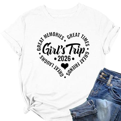Image of MLZHAN Women's Girl's Trip 2026 T-Shirt Great Memories Great Times Friends Graphic Tee Casual Crewneck Short Sleeve Tops (White,L)