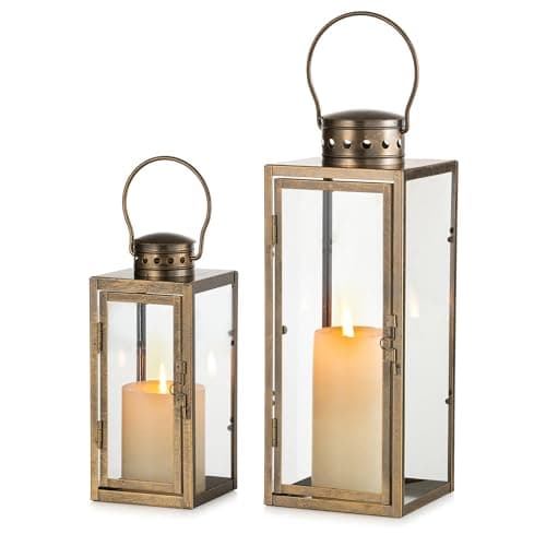 Image of NUPTIO Vintage Lanterns Outside Metal: 24 35cm Tall Set of 2 Rustic Lantern Decor with Glass - Decorative Distressed Gold Candle Holder for Wedding Christmas Mantel Living Room Patio