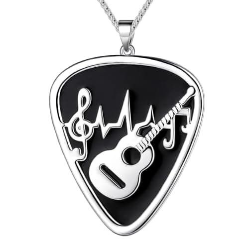 Image of SEIHOP Guitar Pick Necklace Guitar with Music Note Pendant Silver Plated Jewelry for Music Lover Men and Women KP0157W