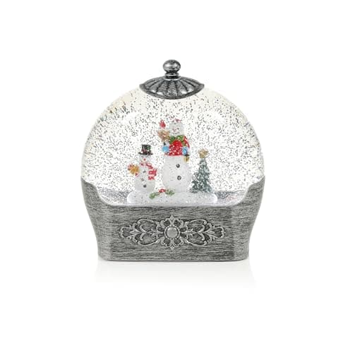 Image of Premier Antique Silver Round Water Spinner with Snowman Scene – 17 cm Christmas Decoration with White LED Lights – Battery Operated Snow Effect Festive Ornament