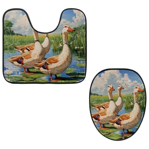 Image of VAPOKF 2 Pieces Pedestal Bathroom Rugs Set, U-Shaped Contour Mat and Toilet Lid Cover, Soft Non-Slip Flannel Bathroom Mat Toilet Seat Cover - Watercolor Lotus Pond Ducks