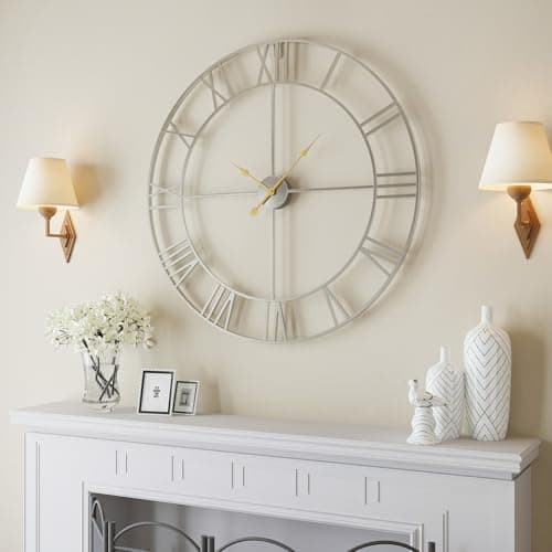 Image of Cuspin Large Wall Clock 36 Inch, Extra Large Silver Wall Clocks for Living Room Decor, Modern Big Decorative Metal Clock Battery-Operated Completely Silent Non Ticking Roman Numeral