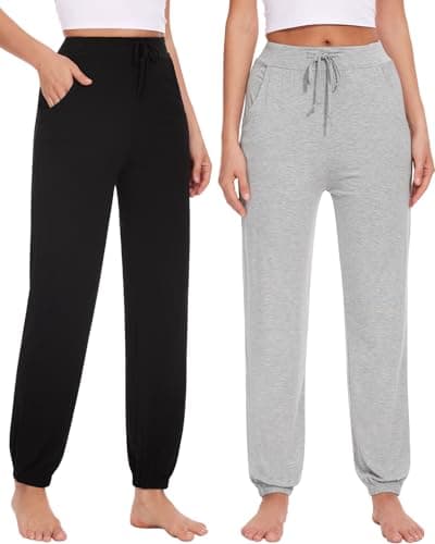 Image of Knuffnee Pyjama Bottom Womens Soft Lounge Pants Sleep Trousers with Pockets 2 Pack Thin Black/Grey L