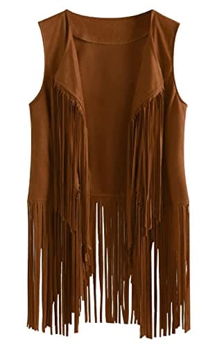 Image of FEOYA Women's Gilet Fringe Vest Tassel Waistcoat Open Front Cardigans Faux Suede Sleeveless Jacket Coat Retro Vintage Hippie Gilet Plus Size Casual Loose Lapel Vest Top Spring Autumn Winter Khaki XXL