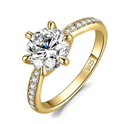Image of JewelryPalace Classic 3ct Cubic Zirconia Solitaire Engagement Rings for Women, 925 Sterling Silver 14K Yellow Gold Plated Promise Ring for Her, Round Cut Simulated Diamond Anniversary Wedding RingsJ