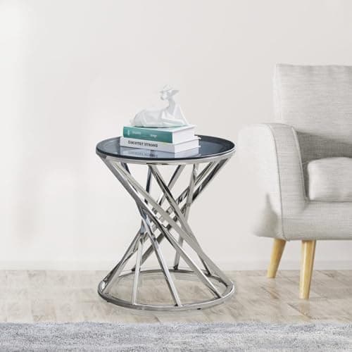 Image of JaHECOME Round End Table Modern Design Coffee Table Sofa Side Table Stainless Steel with Light Grey Tempered Glass for Bedroom Living Room