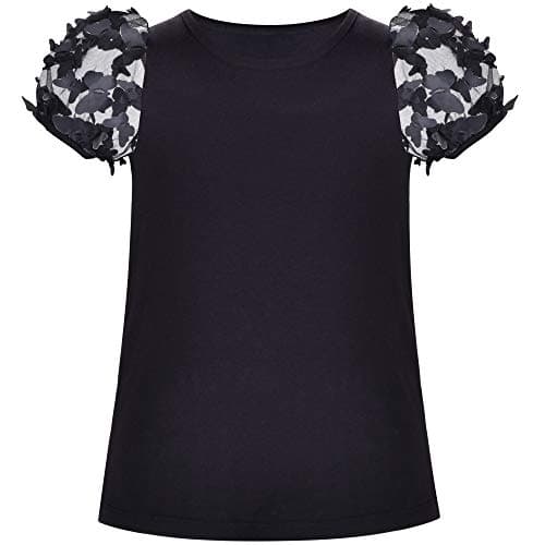 Image of Girls Short Sleeve Tee T-Shirt Butterfly Sleeve Cotton Casual Age 4-5 Years Black
