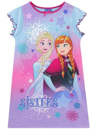 Image of Disney Girls Anna And Elsa Frozen Nightdress Short Sleeve Kids Nightwear 5-6 Years