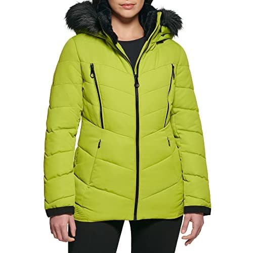 Image of GUESS Women's Midweight Puffer Jacket, Hooded Lime, M