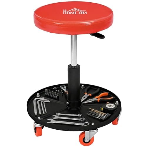 Image of HOMCOM Rolling Mechanic Stool, Workshop Stool with Pneumatic Adjustable Height, 360 Degree Swivel, Padded Seat, Tool Tray, for Garage, Workshop, Auto Repair