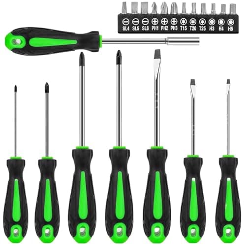 Image of 20-Piece Magnetic Screwdrivers Set with Bit Set, Phillips, Pozidriv and Flat, Professional Cushion Grip Screwdriver Set