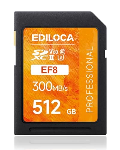 Image of Ediloca SD Card 512GB, V60 Memory Card up to 300MB/s Read, 200MB/s Write, UHS-II, Class 10, U3, Ideal SD Card for Professional 4K/6K Video and Photography, Shockproof & Waterproof (EF8)