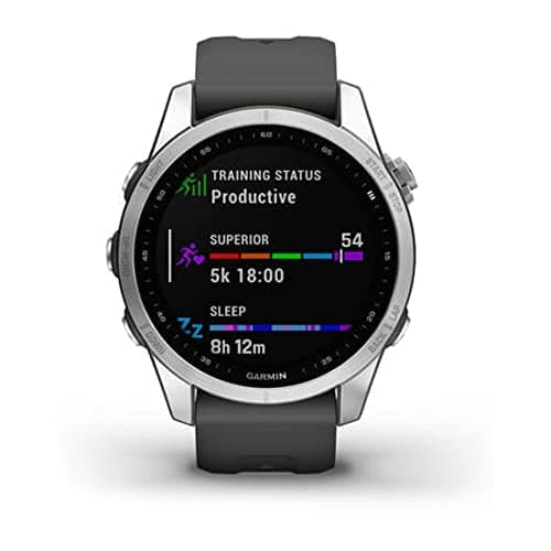 Image of Garmin fenix 7S, smaller sized adventure smartwatch, rugged outdoor watch with GPS, touchscreen, health and wellness features, silver with graphite band, 010-02539-00