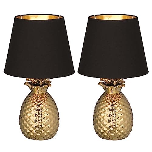 Image of Britalia 2 Pack - Gold Ceramic Vintage Pineapple Table Desk Lamp with Black Fabric Shade | 35cm Height | 1 x SES E14 Lamp Bulb Required | UK Approved | Retro Design | Tapered Drum Lampshade