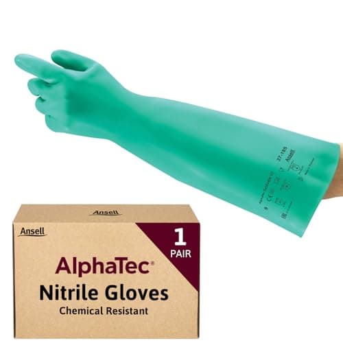 Image of Ansell AlphaTec 37-185 Chemical-Resistant Nitrile Gloves, Liquid and Splash Protection, Food-Handling, Silicone and Latex-Free Work Glove, Waterproof, Reusable, Green, Size M (1 Pair)