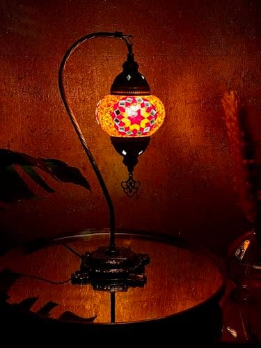 Image of Lightza Handmade Turkish Moroccan Mosaic Desk Lamp LED Bulb | Swan Neck Unique Globe Lampshade Table Light | UK Tested Safe Energy Efficient (Golden & Red Big Flower)