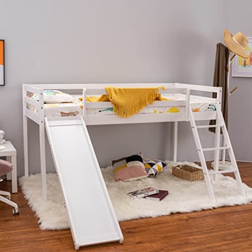 Image of Panana Mid Sleeper Bed with Slide, White Single Bed for Kids 3FT Solid Pine Wood Bunk Bed with Ladder (White)