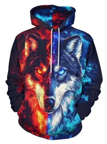 Image of HaniLav Hoodies for Men Women Novelty 3D Graphic Pullover Sweatshirt Hoodie Cool Funny Galaxy Hoody with Pocket S-6XL, Red Blue Flame Wolf, M