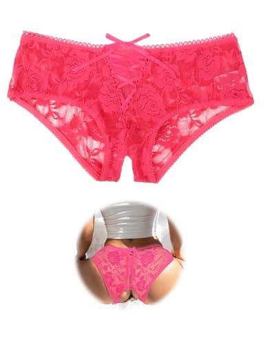 Image of ohmydear Women's Pink Lace Knickers Sexy Thongs Underwear Sheer Knickers Adjustable Criss Cross Ladies Tanga Briefs Keyhole Sissy Lingerie Panties, UK 8-10