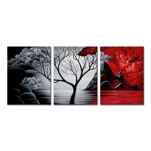 Image of Wieco Art - The Cloud Tree Large 3 Panels Modern Stretched and Framed Giclee Canvas Prints Abstract Seascape Paintings Reproduction Sea Beach Pictures on Canvas Wall Art for Bedroom Home Decorations