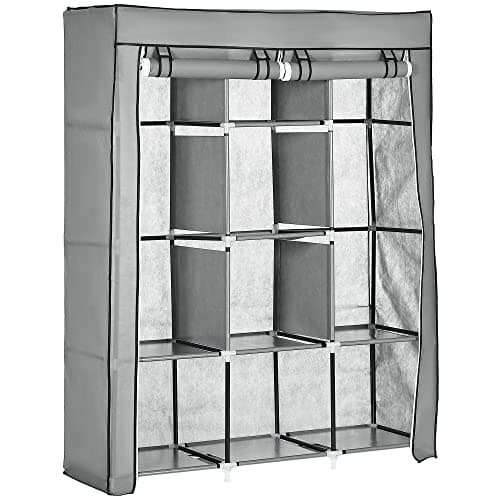 Image of HOMCOM Fabric Wardrobe, Portable Wardrobe, Clothes Storage Unit with 8 Shelves, 2 Hanging Rods, 125 x 43 x 162.5 cm, Light Grey