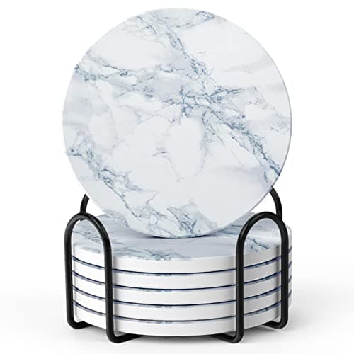 Image of LIFVER Coasters Set of 6 - White Marble Style Ceramic Round Coasters with Cork Base and Holder for Women Men for Various Cups, Tables & Home Decor - 4 ''