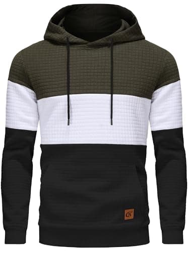 Image of YuKaiChen Men's Hoodies Pullover Hooded Sweatshirts Long Sleeve Patchwork Plaid Jacquard Drawstring Casual Hoodie with Pockets Armygreen White Black XL