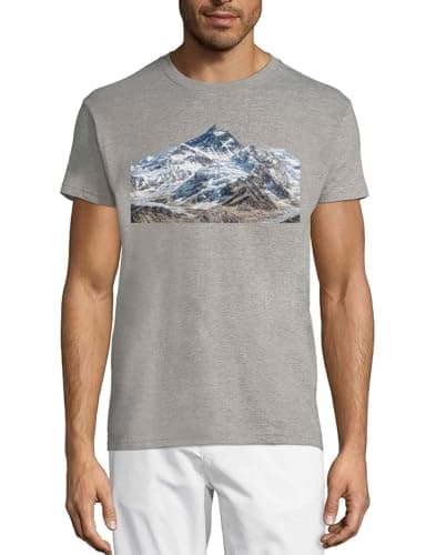 Image of Snow-Covered Mountain Peak Landscape Crew Neck Cotton Men's T-Shirt Gray Large