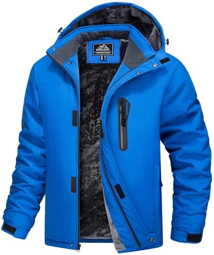 Image of MAGCOMSEN Waterproof Jacket Mens Windproof Ski Coats Fleece Warm Winter Outdoor Thermal Coat With Hood Blue,S