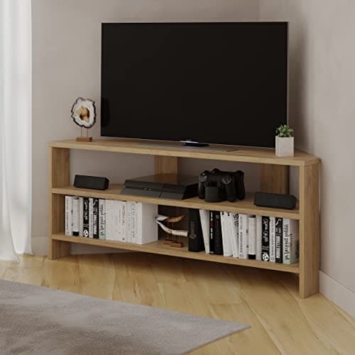 Image of HOCUS PICUS Corner TV Unit with 2 Open Shelves, Rounded-edge Modern Design, TV Stand 32" TVs, Compact TV Media Console for Living Room & Office, Easy Assembly (Oak)