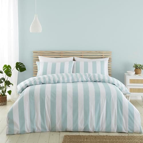 Image of Catherine Lansfield Cove Stripe Reversible King Duvet Cover Set with Pillowcases Duck egg Blue