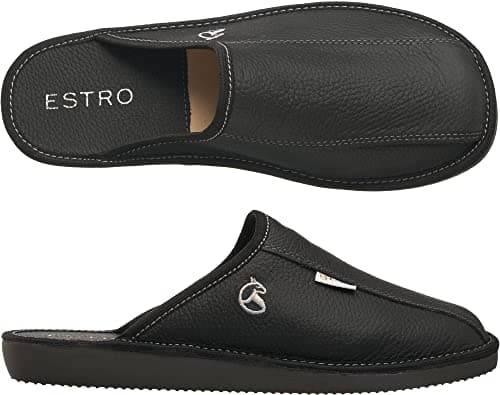 Image of ESTRO Mens Slippers Men House Shoes Leather Home Mule Men's Slipper Memory Sole RUST (9 UK, Black)