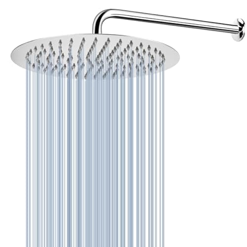 Image of Voolan All Metal Shower Head with Extension Arm, Stainless Steel Waterfall Rainfall Showerheads, High Flow Bathroom Round Rain Shower Head (10'' Shower + 15'' Shower Arm)