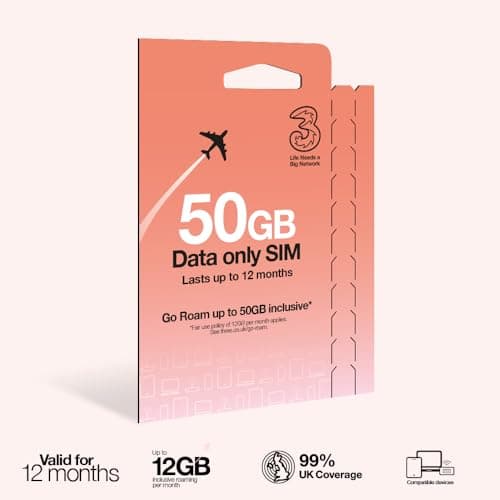 Image of Three PAYG Mobile Broadband SIM, Pre-loaded with 50GB of Data that Lasts up to 12 Months